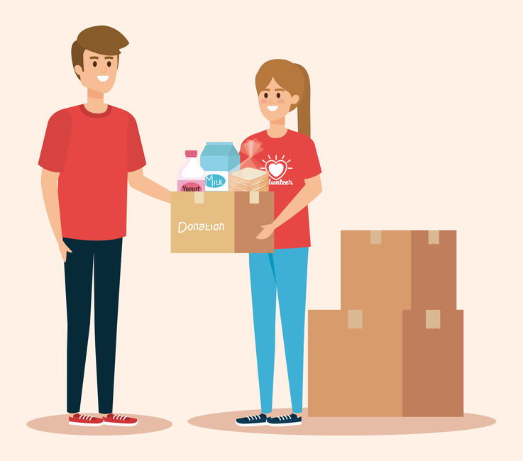 boy and girl volunteers with boxes donation vector illustration