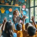 A joyful crowd of children in a classroom eagerly raise their hands, ready to share their answers, creating a lively and engaging community of learners. AIG41