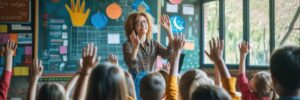 A joyful crowd of children in a classroom eagerly raise their hands, ready to share their answers, creating a lively and engaging community of learners. AIG41
