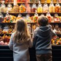 Boy and Girl looking at candy display in candy store